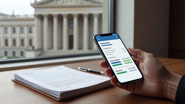 Smartphone banking app held over a desk of compliance documents with a government building in the background