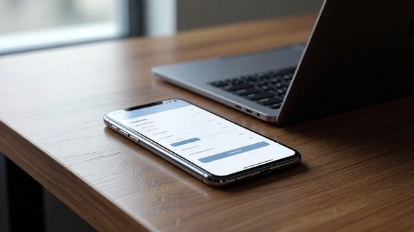 Smartphone showing a checkout payment plan screen held next to a laptop on a desk