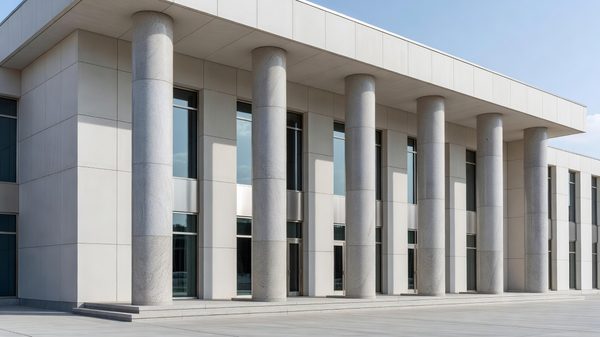 Federal office building exterior with financial compliance documents on a conference table