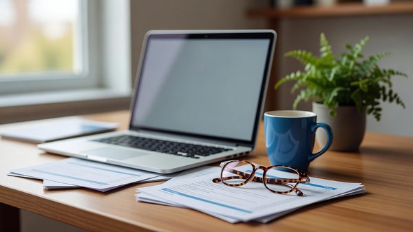 A desk with a laptop showing a padlock icon beside printed marketing materials