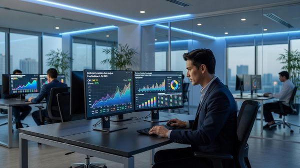 Analyst reviewing customer acquisition cost data on a laptop in a modern fintech office