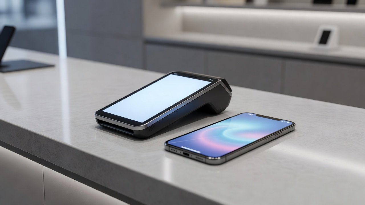 Digital payment terminal and smartphone on a desk beside financial regulation printouts