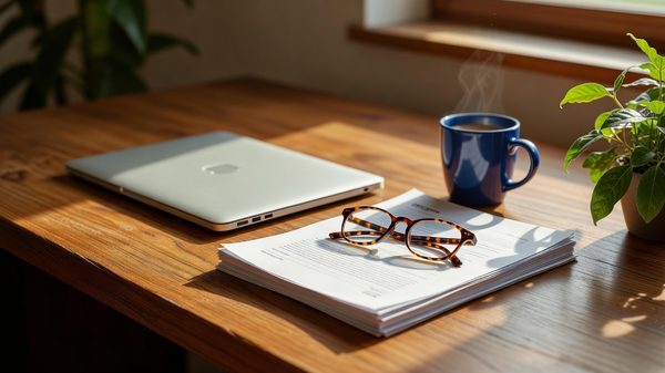 Desk with a laptop, printed regulatory documents and reading glasses under warm office light