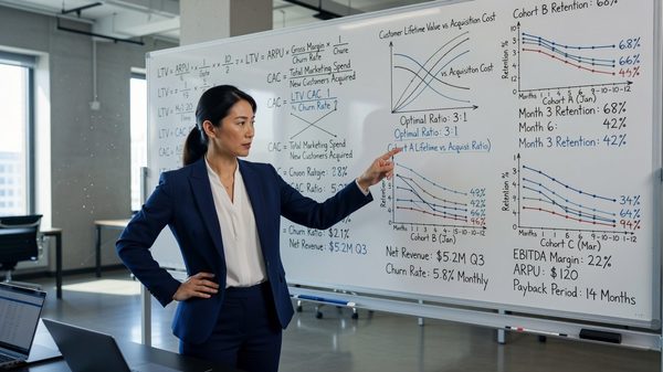 Finance professional building a unit economics model on a whiteboard with cohort retention charts