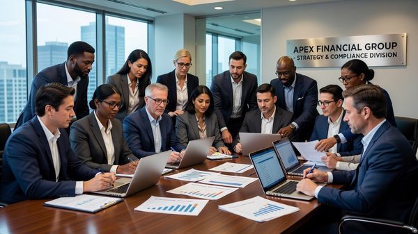 Marketing team reviewing a financial services campaign with legal and compliance documentation on the table