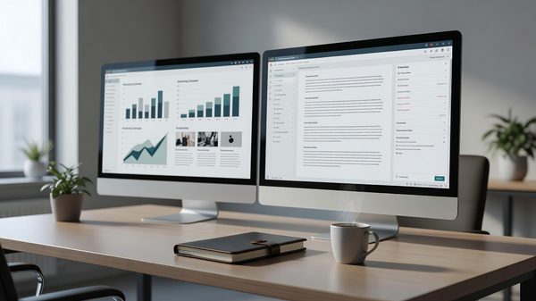 Marketing team reviewing digital campaign assets on screens in an office workspace