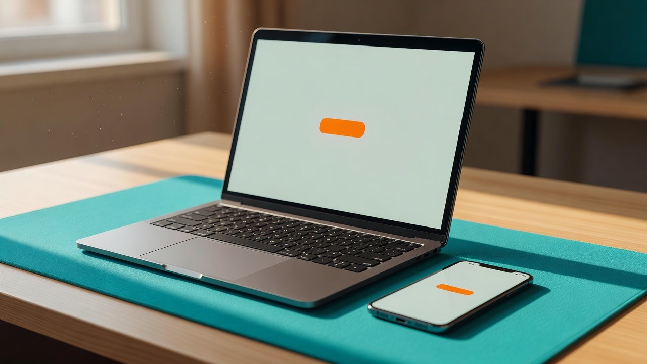 Laptop and phone on a desk showing a blank sign-up form layout with a highlighted button