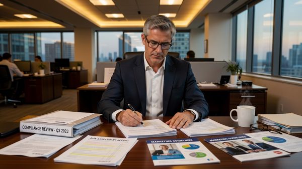 Compliance officer reviewing financial marketing materials at a desk with regulatory documents